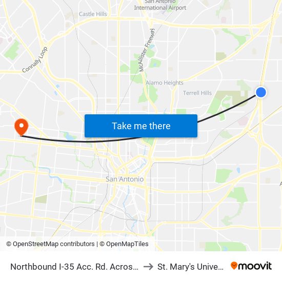 Northbound I-35 Acc. Rd. Across Heb to St. Mary's University map