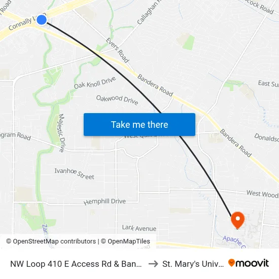 NW Loop 410 E Access Rd & Bandera (400') to St. Mary's University map