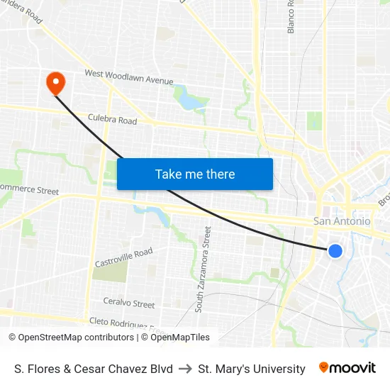 S. Flores & Cesar Chavez Blvd to St. Mary's University map