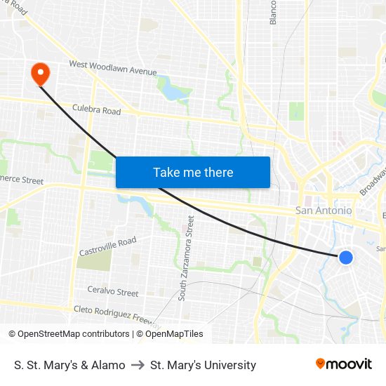 S. St. Mary's & Alamo to St. Mary's University map