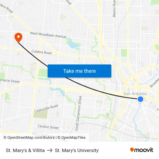 St. Mary's & Villita to St. Mary's University map