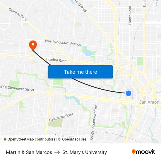 Martin & San Marcos to St. Mary's University map