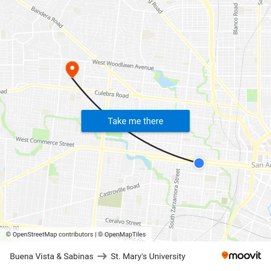 Buena Vista & Sabinas to St. Mary's University map