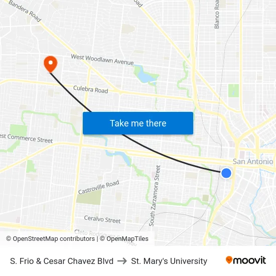 S. Frio & Cesar Chavez Blvd to St. Mary's University map