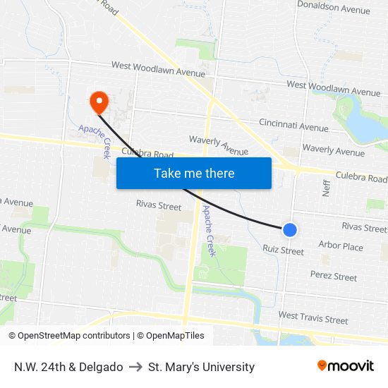 N.W. 24th & Delgado to St. Mary's University map