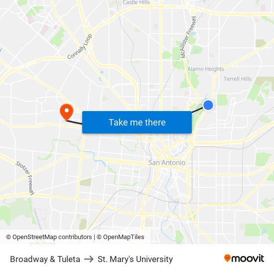 Broadway & Tuleta to St. Mary's University map
