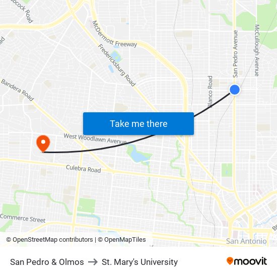 San Pedro & Olmos to St. Mary's University map