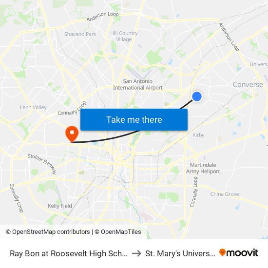 Ray Bon at Roosevelt High School to St. Mary's University map