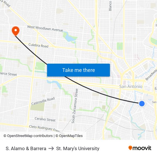 S. Alamo & Barrera to St. Mary's University map