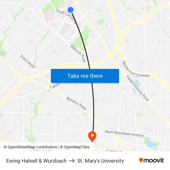 Ewing Halsell & Wurzbach to St. Mary's University map