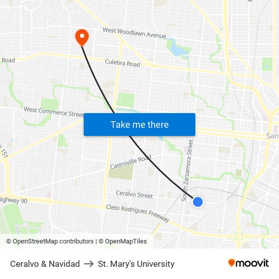 Ceralvo & Navidad to St. Mary's University map