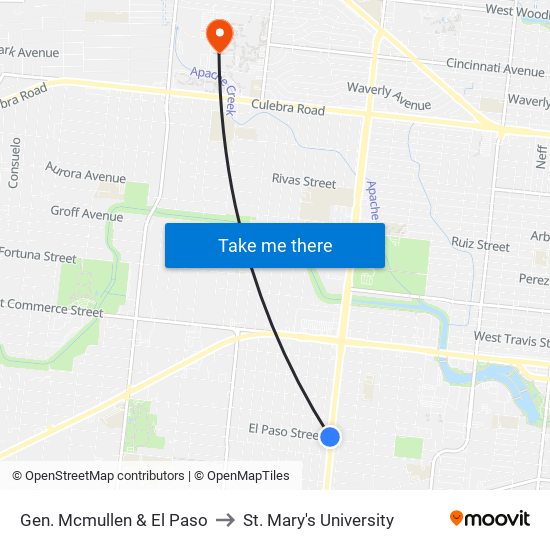 Gen. Mcmullen & El Paso to St. Mary's University map