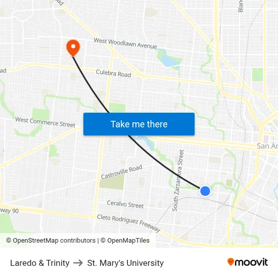 Laredo & Trinity to St. Mary's University map