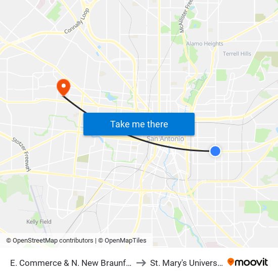 E. Commerce & N. New Braunfels to St. Mary's University map