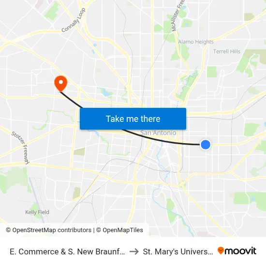 E. Commerce & S. New Braunfels to St. Mary's University map