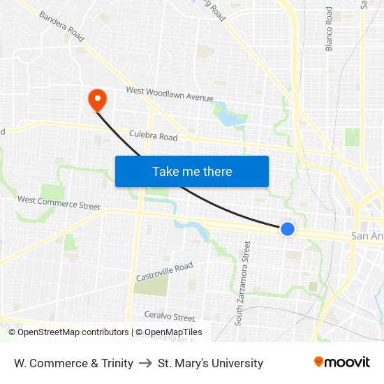 W. Commerce & Trinity to St. Mary's University map