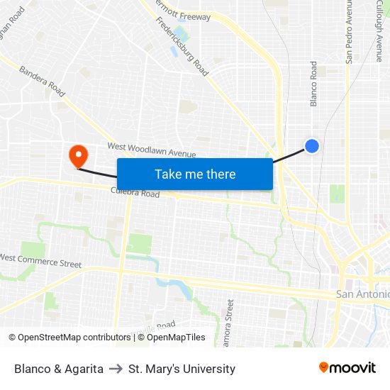 Blanco & Agarita to St. Mary's University map