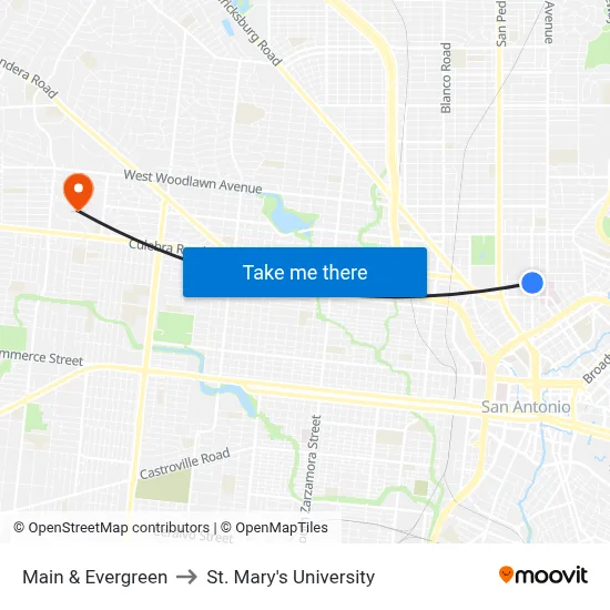 Main & Evergreen to St. Mary's University map