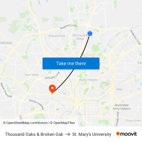 Thousand Oaks & Broken Oak to St. Mary's University map