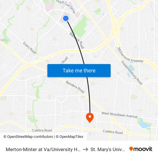 Merton-Minter at Va/University Hospitals to St. Mary's University map