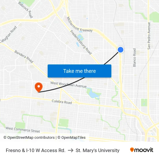 Fresno & I-10 W Access Rd. to St. Mary's University map