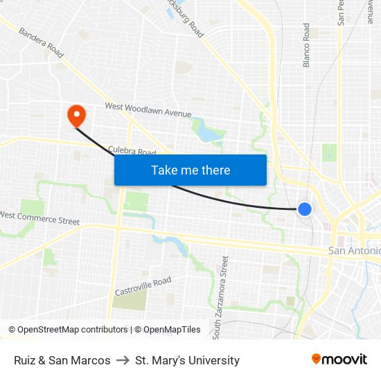 Ruiz & San Marcos to St. Mary's University map