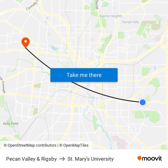 Pecan Valley & Rigsby to St. Mary's University map