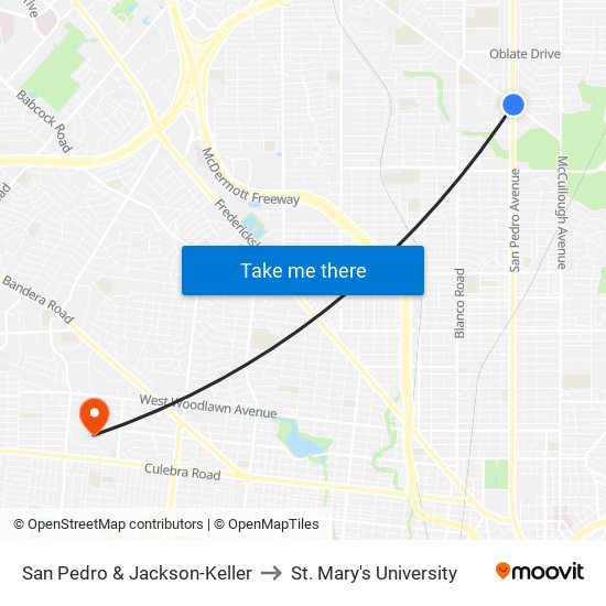 San Pedro & Jackson-Keller to St. Mary's University map