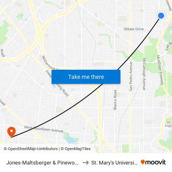 Jones-Maltsberger & Pinewood to St. Mary's University map