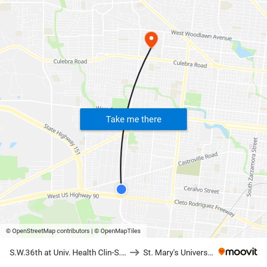 S.W.36th at Univ. Health Clin-S.W. to St. Mary's University map