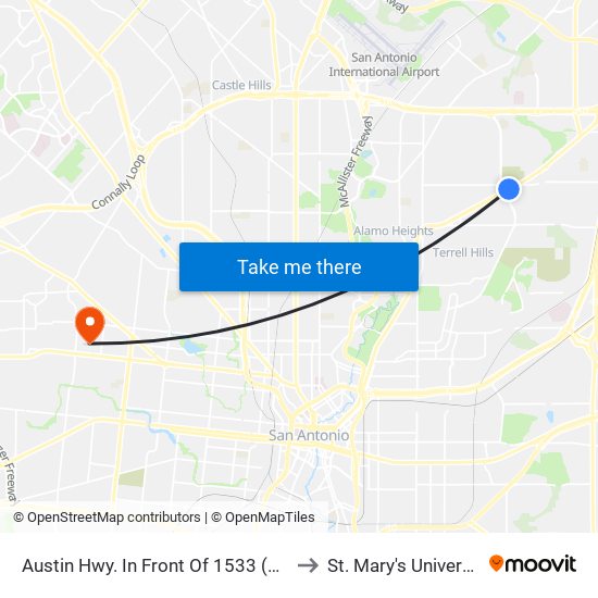 Austin Hwy. In Front Of 1533 (Heb) to St. Mary's University map