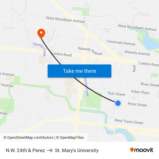 N.W. 24th & Perez to St. Mary's University map