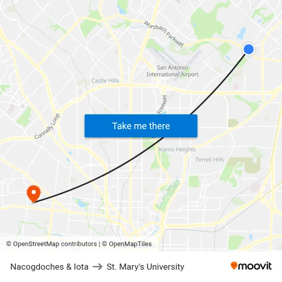 Nacogdoches & Iota to St. Mary's University map