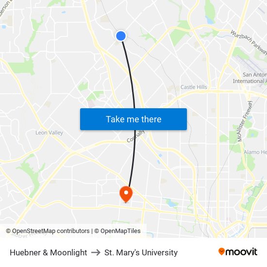 Huebner & Moonlight to St. Mary's University map