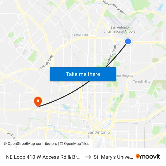 NE Loop 410 W Access Rd & Broadway to St. Mary's University map