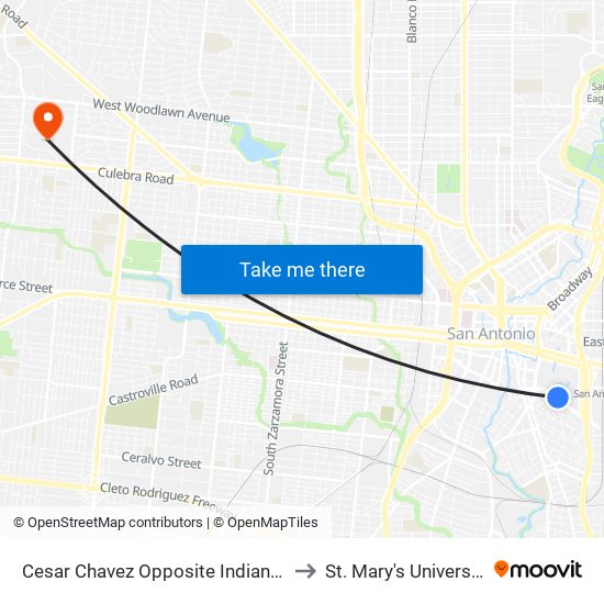 Cesar Chavez Opposite Indianola to St. Mary's University map