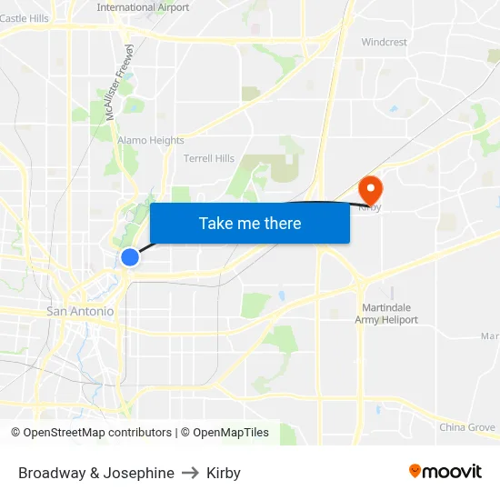 Broadway & Josephine to Kirby map