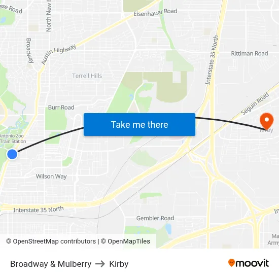 Broadway & Mulberry to Kirby map