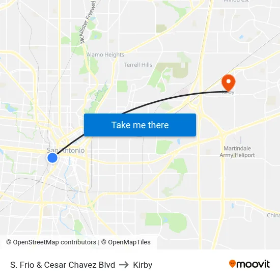 S. Frio & Cesar Chavez Blvd to Kirby map