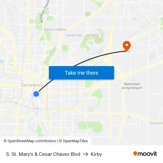 S. St. Mary's & Cesar Chavez Blvd to Kirby map
