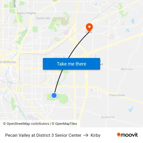 Pecan Valley at District 3 Senior Center to Kirby map