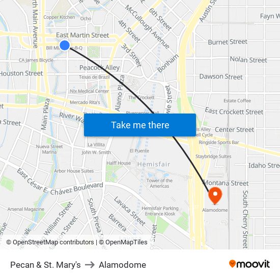 Pecan & St. Mary's to Alamodome map