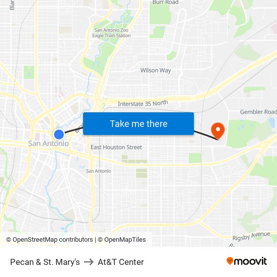 Pecan & St. Mary's to At&T Center map