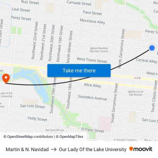 Martin & N. Navidad to Our Lady Of the Lake University map