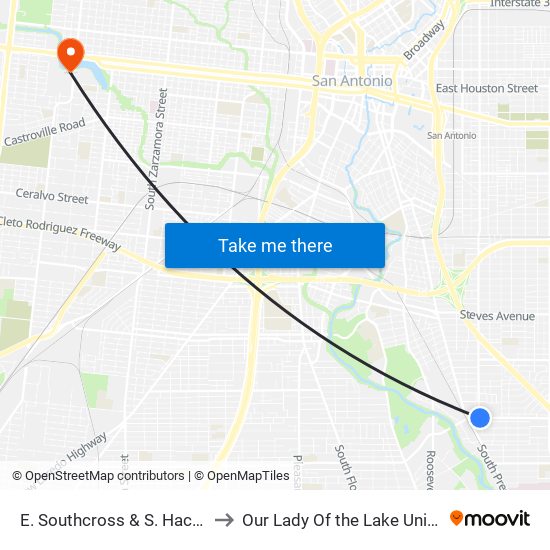 E. Southcross & S. Hackberry to Our Lady Of the Lake University map