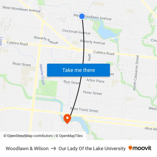 Woodlawn & Wilson to Our Lady Of the Lake University map