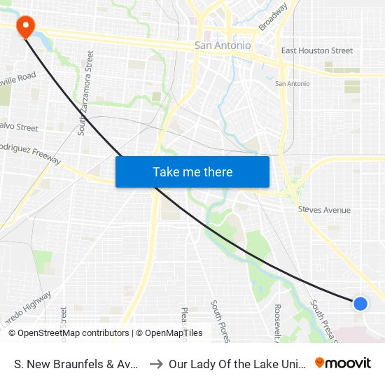 S. New Braunfels & Avondale to Our Lady Of the Lake University map