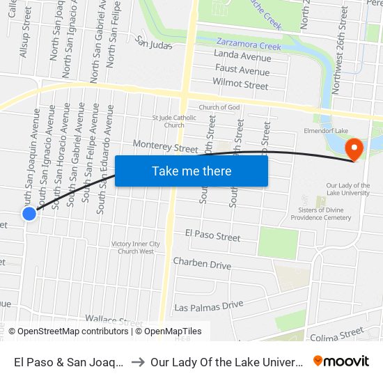 El Paso & San Joaquin to Our Lady Of the Lake University map