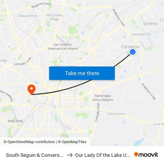 South Seguin & Converse Center to Our Lady Of the Lake University map