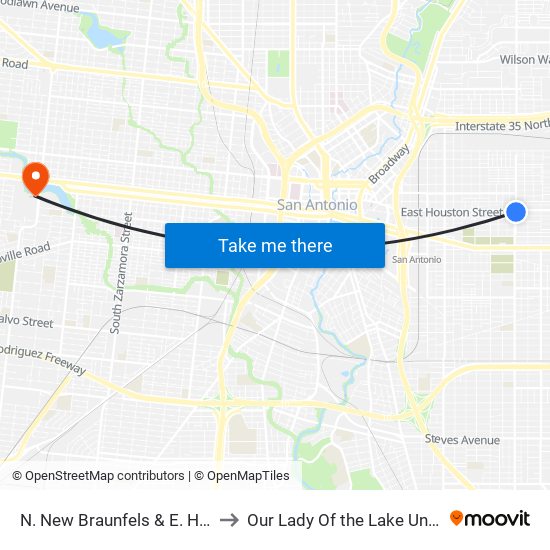 N. New Braunfels & E. Houston to Our Lady Of the Lake University map